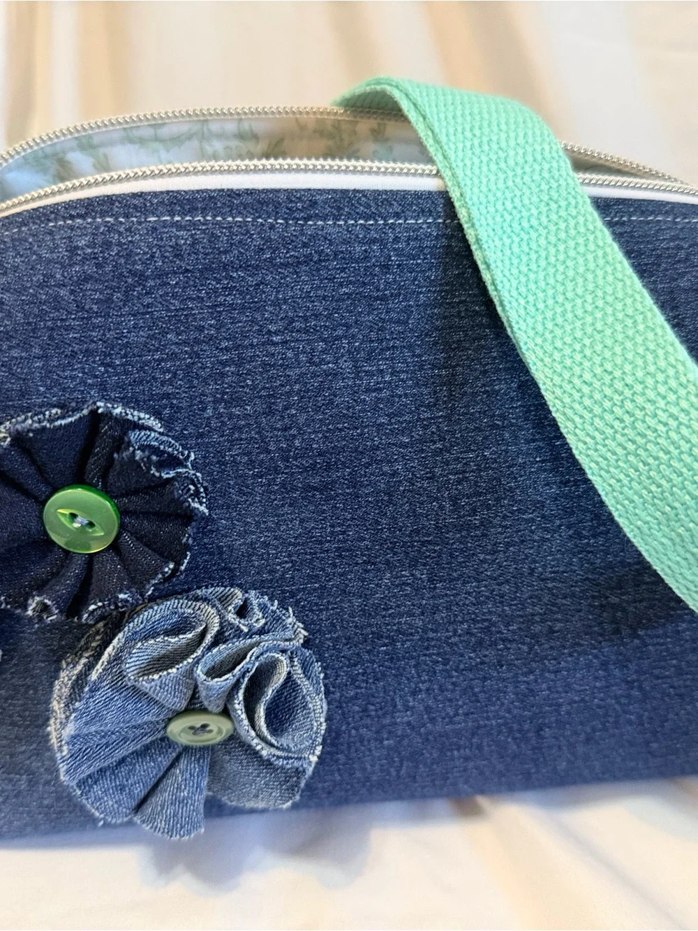 Denim Floral Appliqué Tote with Mint Strap